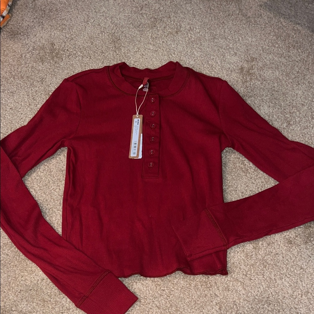 SKIMS cotton rib long sleeve crop Henley brick small